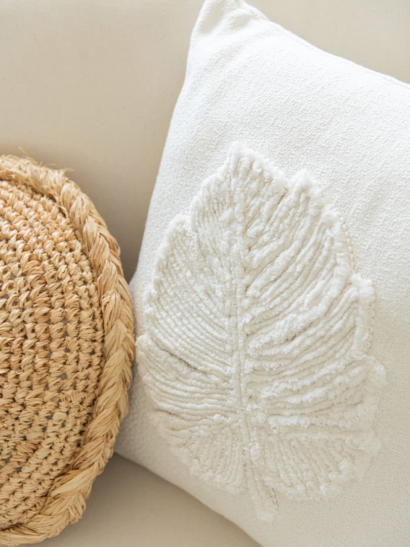 Cuscino Foglie Quadrato Poliestere Bianco