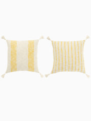 Cuscino Quadrato Righe_Nappe in Cotone Bianco_Giallo