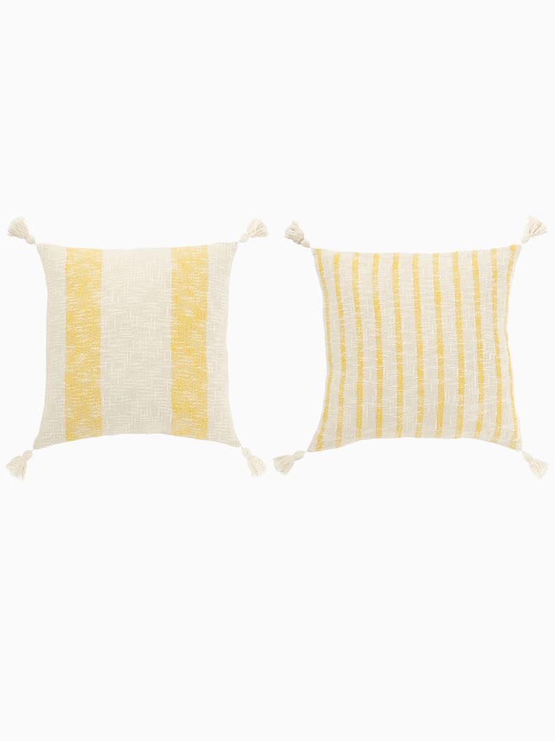 Cuscino Quadrato Righe_Nappe in Cotone Bianco_Giallo