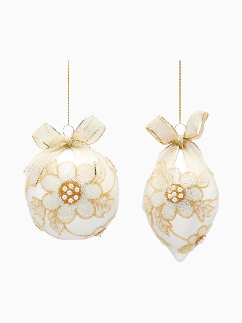 Palline di Natale in Vetro con Fiori Champagne