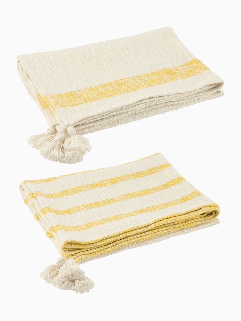 Plaid Righe + Nappe Cotone Bianco/Giallo Assortimento di 2