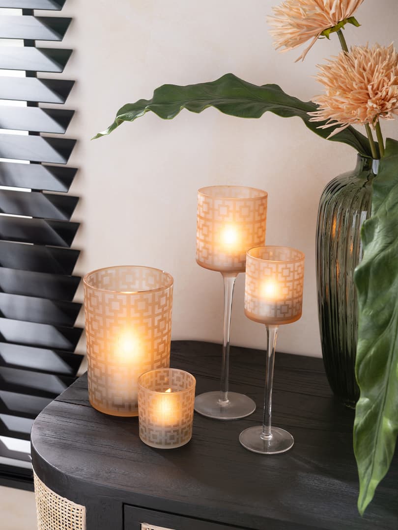 Porta T-Light Quadretti Vetro Beige Small